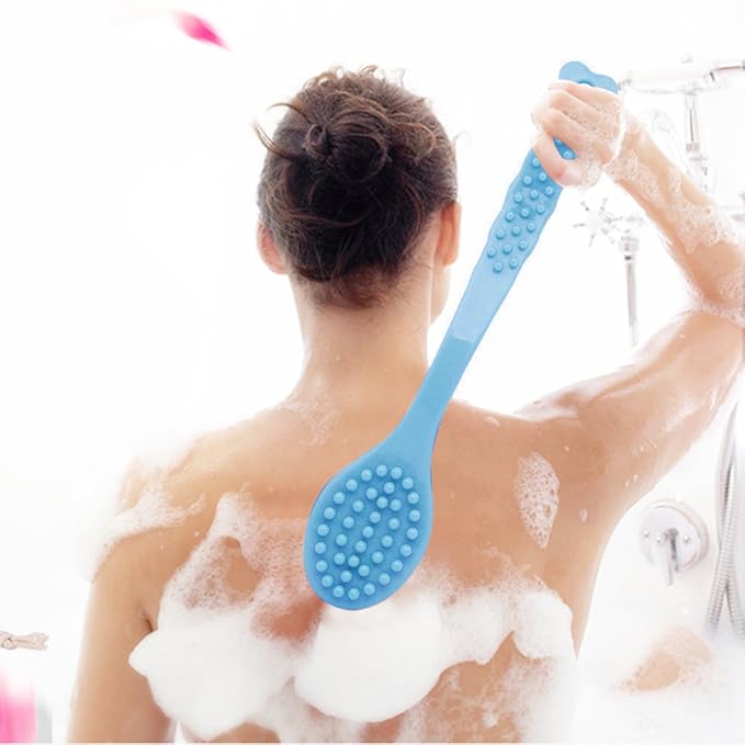 QiCheng&LYS Bath Brush with Long Handle, Handheld Body Massage Brush Shower Back Scrubber-14inch (Blue)