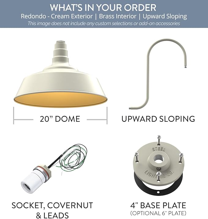 Steel Lighting Co. | Dusk to Dawn | Redondo Barn Light | Outdoor Wall Mounted | 20 inch Dome | Upslope Gooseneck | Large Farmhouse Warehouse Light Made in America | Cream/Brass