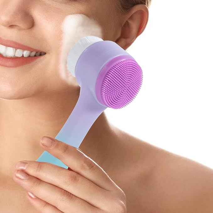 Face Brush 2 in 1, Silicone Facial Cleansing Exfoliating Brush Soft Bristles Pore Deep Cleansing Manual Dual Face Wash Scrub Brush For Massaging, Makeup Skincare Removal, Gradient Purple