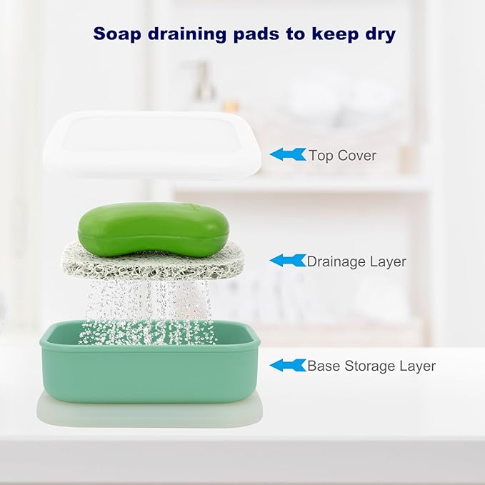 Leak Proof Travel Soap Case,Solid Shampoo Bar Holder, Silicone Soap Container with Draining Layer, Portable Bar Soap Holder for Bathroom, Camping, Gym, Easy to Clean (Green, Large)