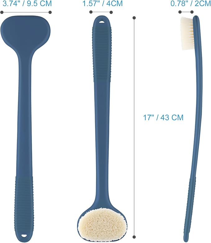 VANZAVANZU Back Scrubber for Shower, Bath Brush with 17-Inch Long Anti-Slip Handle, Wet and Dry Brushing Body Brush for Body Cleansing, Back Brush for Men and Women (Blue)