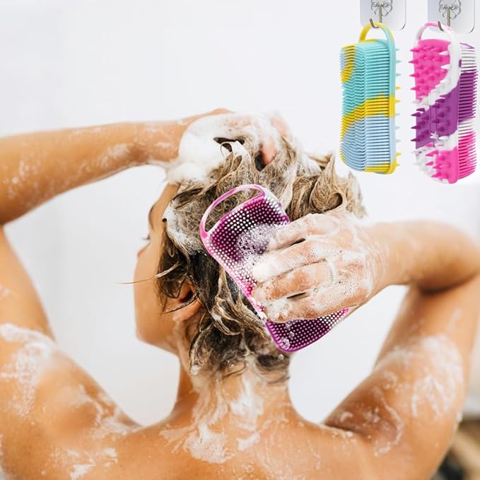 Silicone Body Scrubber, 2 in 1 Soft Silicone Loofah 2 Pack Exfoliating Body Scrubber Loofah for Women Men,Body Scrubber Shower Bath Shampoo Brush with Loop for Sensitive Skin Lather Well,Purple&Yellow