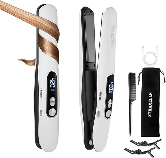 Mini Flat Iron Hair Straightener, 2 in 1 Cordless Hair Straightener and Curler for Travel, 5000mAh Rechargeable Straighteners, 350°F-420°F Portable Flat Iron for Women