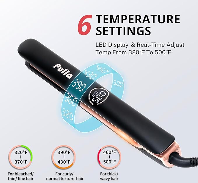 Pulla Hair Straightener - 2 in 1 Professional Hair Straightener and Curler Ceramic Coating Ionic Flat Iron, Dual Voltage for Travel Using, Get Frizz-Free, 500 Degree High Temp, 15s Fast Heat-Up