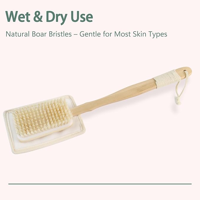 2-in-1 Shower Brush with Loofah Refill Pads, Dual-Sided Long Handle Body Scrubber with Soft & Firm Bristles and Loofah Pad Attachment, Exfoliating Back Brush for Wet or Dry Use, for Men and Women