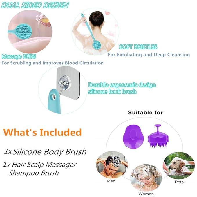 Silicone Body Scrubber & Scalp Massager, Long Handle Shower Brush, Exfoliating Scrubber for Men, Women & Kids