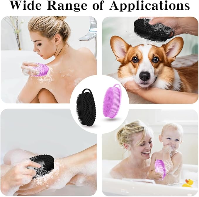2 Pack Silicone Body Scrubber with Loofah Exfoliating Soft Body Shower Scrubber for Body, 2 in 1 Bath and Shampoo Wash Brush for Skin Exfoliation Men Women (Purple&Black)