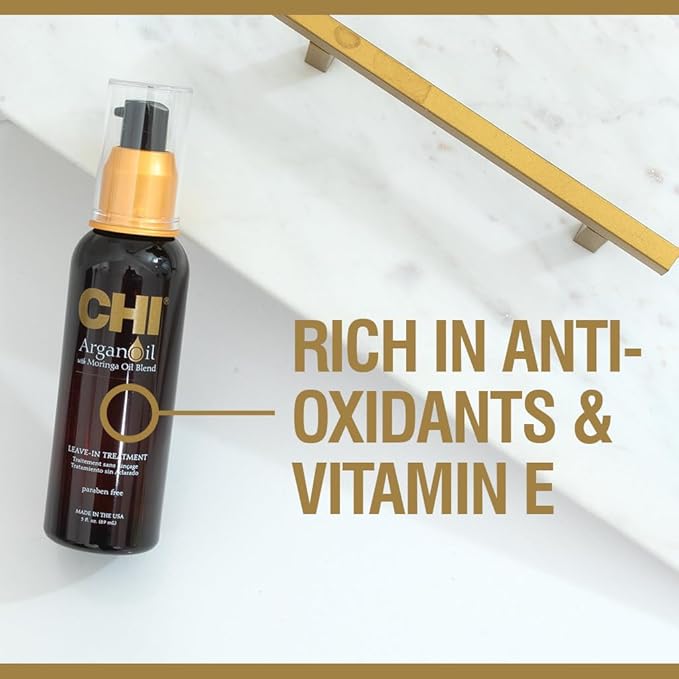 CHI Argan Oil Leave In Treatment, Argan Plus Moringa Oil, Lightweight Formula To Moisturize Dull & Damaged Hair, Sulfate & Paraben-Free, 3 Oz