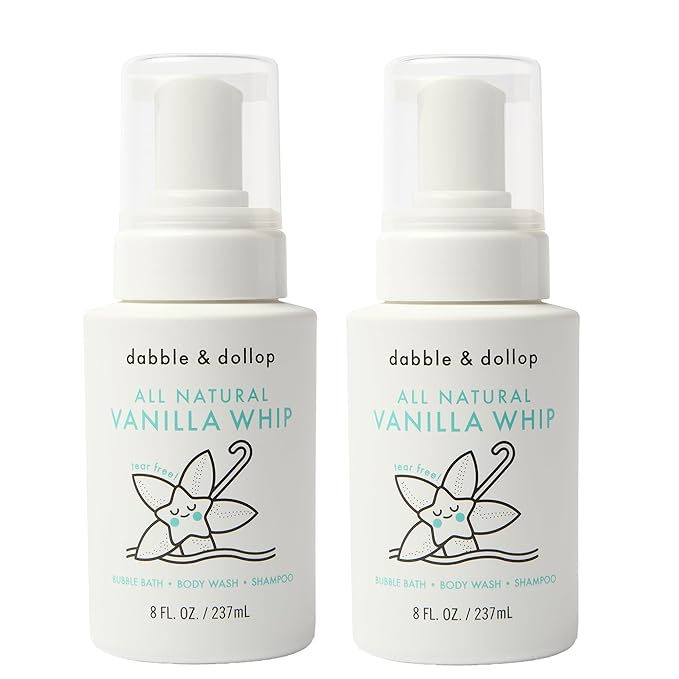 Dabble & Dollop All Natural Vanilla Whip 3-in-1 Body Wash, Shampoo & Bubble Bath for Kids – Tear-Free, Gentle, Hypoallergenic, Vegan, No Parabens or Sulfates (8 fl oz, Pack of 2)