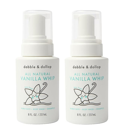 Dabble & Dollop All Natural Vanilla Whip 3-in-1 Body Wash, Shampoo & Bubble Bath for Kids – Tear-Free, Gentle, Hypoallergenic, Vegan, No Parabens or Sulfates (8 fl oz, Pack of 2)