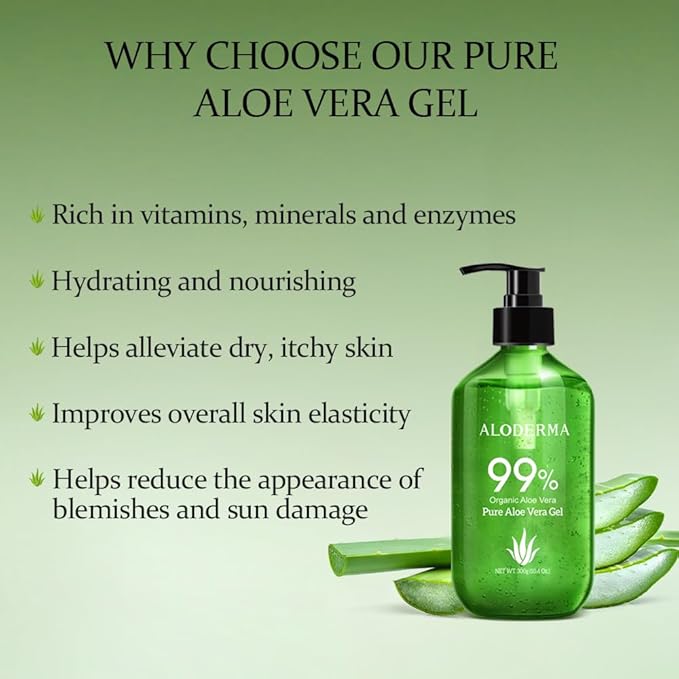 Aloderma 99% Organic Aloe Vera Gel Made within 12 Hours of Harvest - Pump Bottle - Lightweight Aloe Gel for Face and Body, Soothing and Hydrating Sunburn Relief, Great for Scalp & Hair, 3btls x 10.6oz