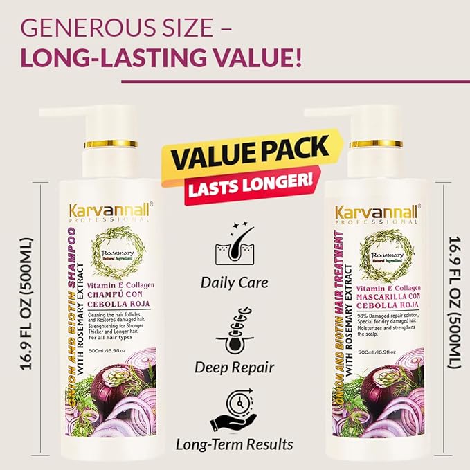 Rosemary Biotin Shampoo & Hair Mask Set | Onion Extract, Collagen & Vitamin E Anti-Thining, Anti-Hairfall Shampoo and Deep Conditioner Set for Dry, Damaged Hair, Sulfate & Paraben Free 2 x 16.9 fl oz