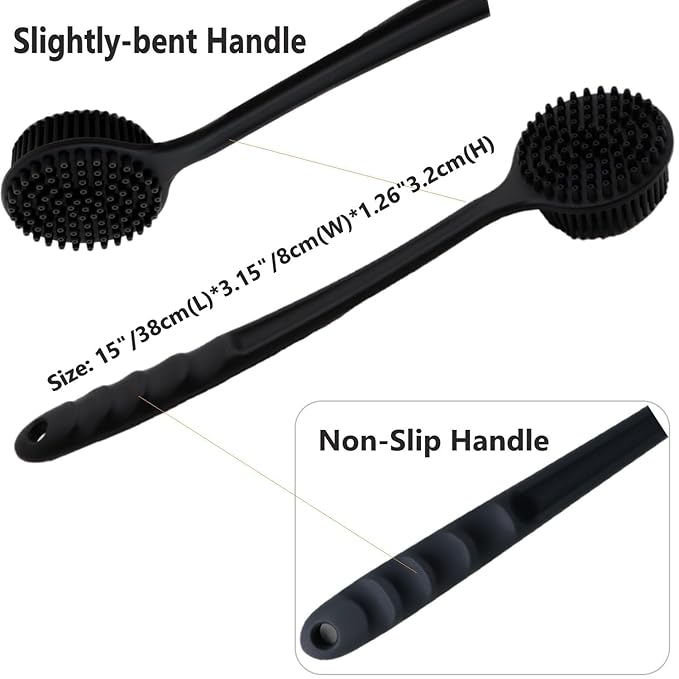 Silicone Body Scrubber With Long Handle for Shower - Exfoliating Back Brush for Men, Women & Kids - Soft Bath Scrubber With Free Hook