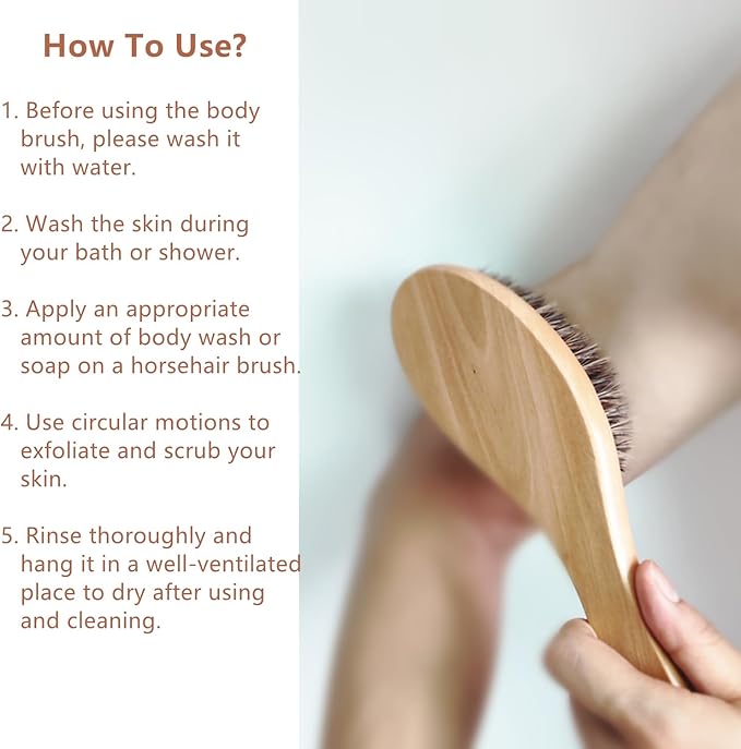 Dry Brushing Body Brush, Natural Horsehair Exfoliating Body Scrubber Bath Brush with 9.8” Curved Wooden Handle for Shower, Gentle Skin Exfoliation, Cellulite and Lymphatic Improvement Gift