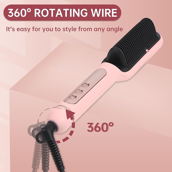 Negative Ionic Hair Straightener Brush with 9 Temp Settings, 30s Fast Heating Hair Straightening Comb with LED Display, Anti-Scald & Auto-Shut Off Hair Brush Straightener for Women (Pink)