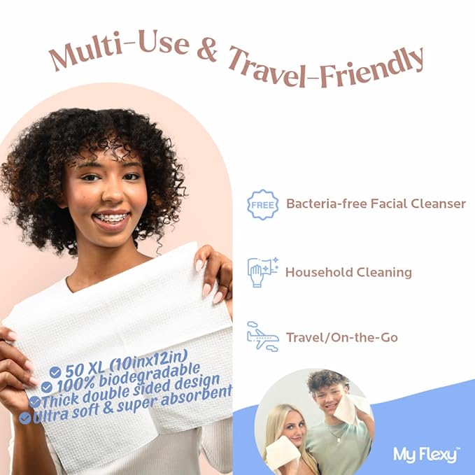 Disposable Face Towels XL for Skin Care & Makeup Removal – 100% Biodegradable Towelette, Face Wash Cloth, Disposable Face Towel for Skincare, Facial Towels, Dry Wipe, Hypoallergenic -50 Count