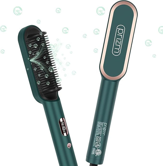 Prizm Hair Straightener Brush, 20s Fast Heating, Negative Ions Hair Straightening Brush with Less Frizz, 4 Temp Settings & LED Display, Anti-Scald Design, Gift for Women, Dual Voltage, Dark Green