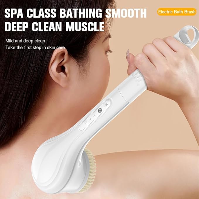 Generic Electric Body Brush Set for Showering,Exfoliating Bath Brush Long Handle for Shower Lotion Applicator for Back Silicone Body Scrubber with 6 Shower Brush Heads for Women Men Gifts (White)