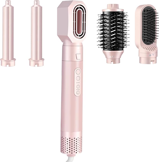 High-Speed 5 in 1 Hair Styler with Auto Curling Iron, Straightener & Volumizing Hot Air Brush |Fast Drying Ionic Blowout, No Heat Damage | Travel & Home Styling Tool (Pink)