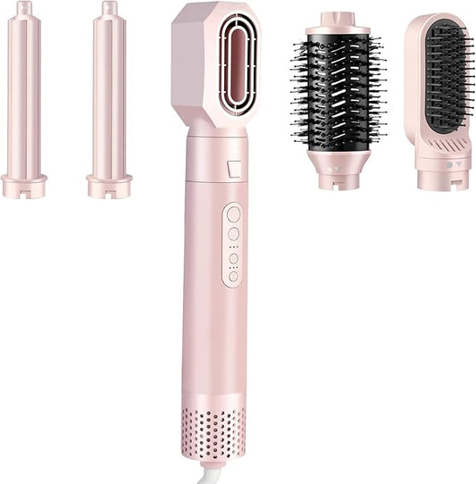 High-Speed 5 in 1 Hair Styler with Auto Curling Iron, Straightener & Volumizing Hot Air Brush |Fast Drying Ionic Blowout, No Heat Damage | Travel & Home Styling Tool (Pink)