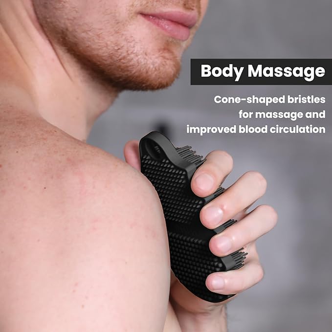 Silicone Body Scrubber Silver-Infused Dual-Sided 3-in-1 for Shower, Body Cleaning+Massage+Exfoliator Body Brush Buffer for Men and Women, Silicone Loofah, Non-Slip Handle (Black)