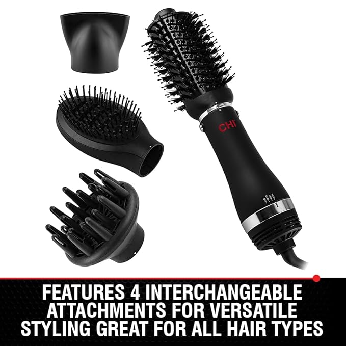 CHI Volumizer 4-in-1 Blowout Brush, Hair Dryer Creates Smooth, Silky & Shiny Hair, Four Interchangeable Attachments For Versatile Styling, Black