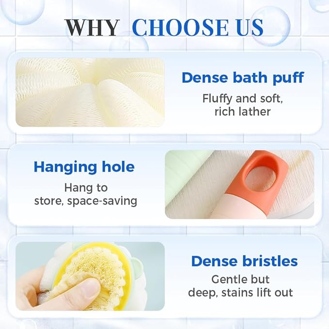 2-in-1 Bath Scrubber Back Brush,2025 New Shower Body Brush with Bristles and Loofah,Double-Sided Bath Back Scrubber with Long Handle for Women, Men, The Elderly (Green A)