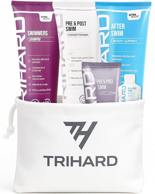 TRIHARD Chlorine Defense Gift Set for Hair & Skin Swim Protection | Pre & Post Swim Shampoo, Conditioner, Body Wash, & Lotion | Summer Essentials to Cleanse & Hydrate Sensitive Skin After Pool & Ocean