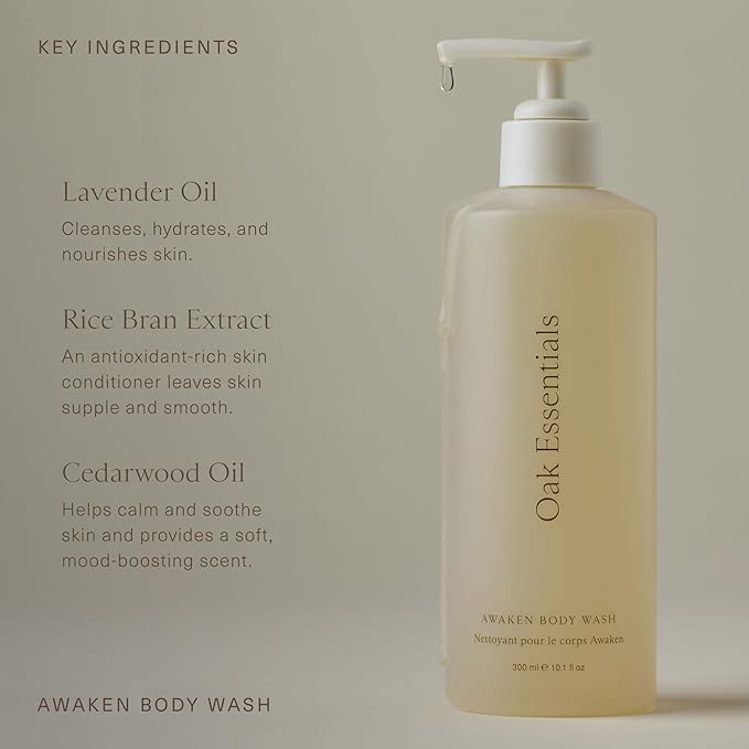 Oak Essentials Awaken Body Wash | Hydrating Shower Gel with Lavender Oil, Cedarwood Oil & Rice Bran Extract, 10.1 Fl Oz