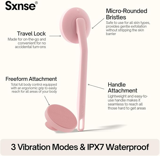 Aura Body Clean Pro⁺ - Silicone Electric Body Scrubber for Acne, Ingrown Hair & KP - IPX7 Waterproof, Rechargeable Exfoliating Shower Brush with Handle. Freeform Grip, & 7000+ Sonic Vibration - Rose