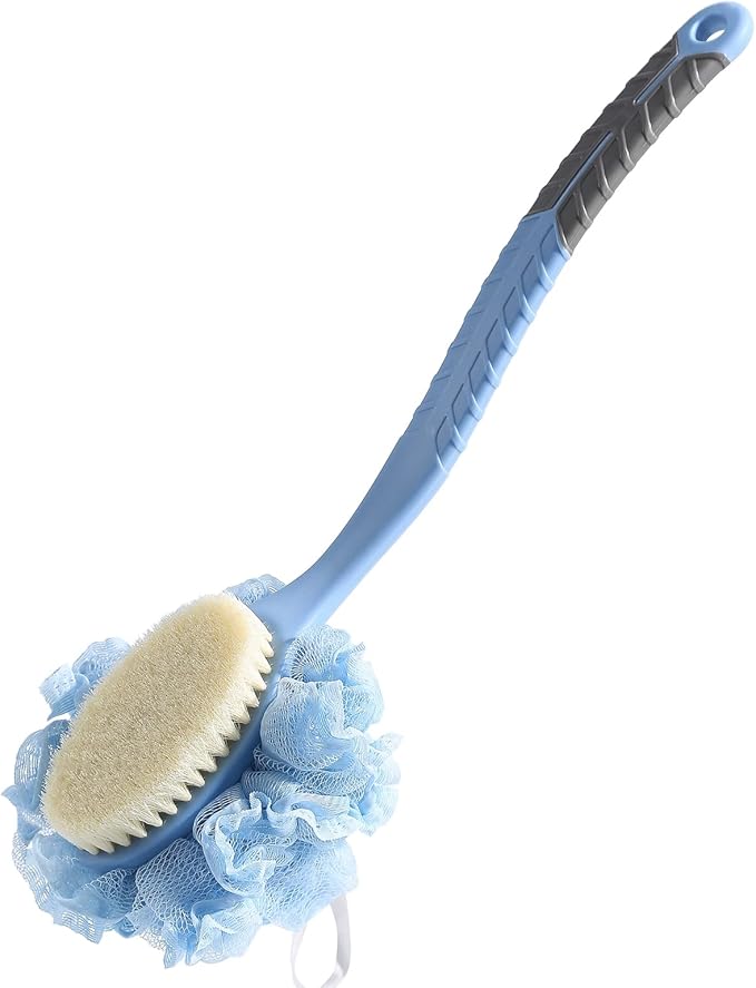 [2nd Generation] Shower Body Brush with Bristles and Loofah,Back Scrubber Bath Mesh Sponge with Curved 16" Long Non-Slip Handle Skin Exfoliating Massage Suitable for Men and Women (Blue)
