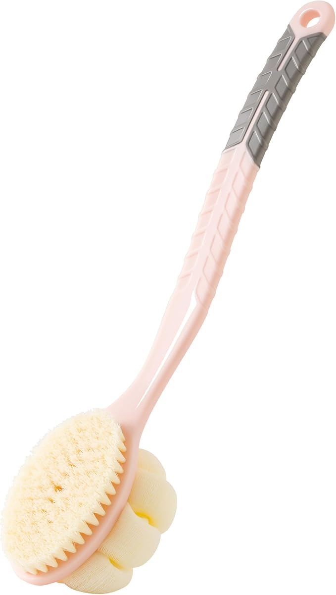Shower Body Brush with Bristles and Large Pumpkin Loofah,Back Scrubber Bath Mesh Sponge with Anti-Slip Curved Long Handle for Skin Exfoliating,Massage Bristles for Wet or Dry,Men Women (Pink)
