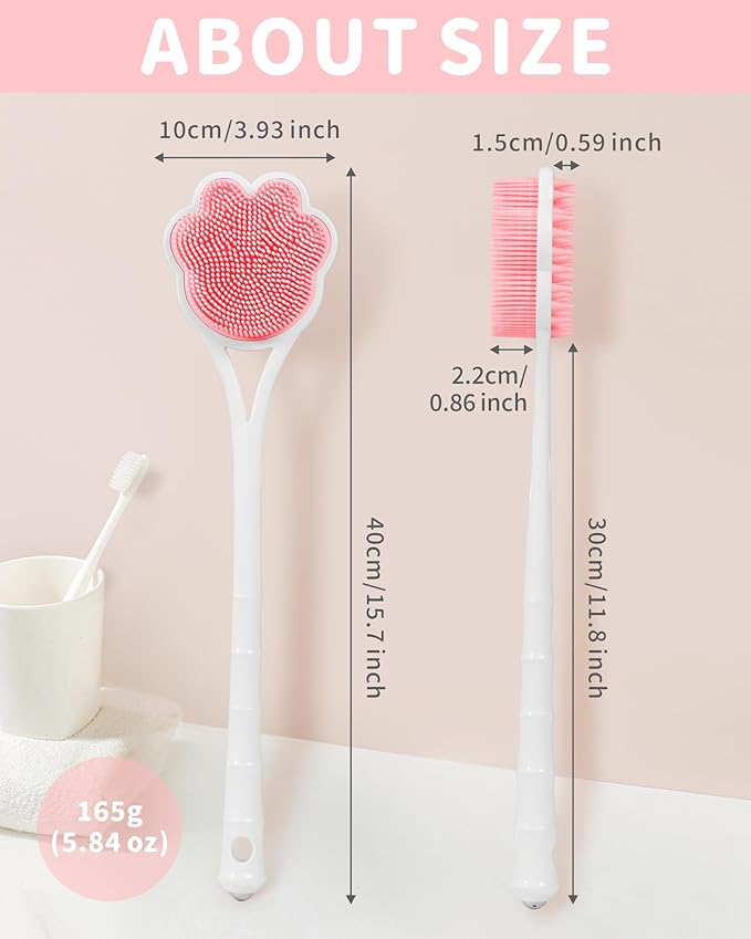 Manmihealth 15.7" Cute Silicone Back Scrubber & Soft Shower Brush Face Scrubber Set (3 PCS), Paw-Shaped Silicone Back Brush & Body Facial Scrubber with Super-Soft Bristles Combination(PinkSet)