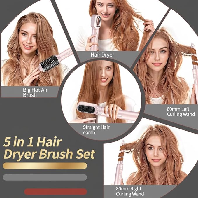 High-Speed 5 in 1 Hair Styler with Auto Curling Iron, Straightener & Volumizing Hot Air Brush |Fast Drying Ionic Blowout, No Heat Damage | Travel & Home Styling Tool (Pink)