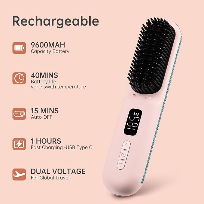 Cordless Hair Straightener Brush, Go Brush Pro, Portable Crystal Diamond Bling Mini Straightening Brush for Travel, Negative Ion Hot Comb with 9 Temps, Anti-Scald Ceramic, Fast Charging for Women