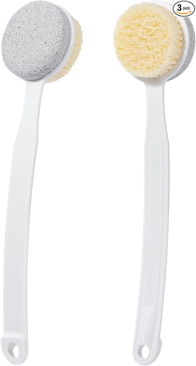 Pumice Stone and Shower Brush with Long Handle, 2 Pack Hard Skin Callus Remover, 2 in 1 Foot Scrubber, Back Scrubber for Shower Deep Cleansing and Exfoliating, Dry Brushing Body Brush (Curved)