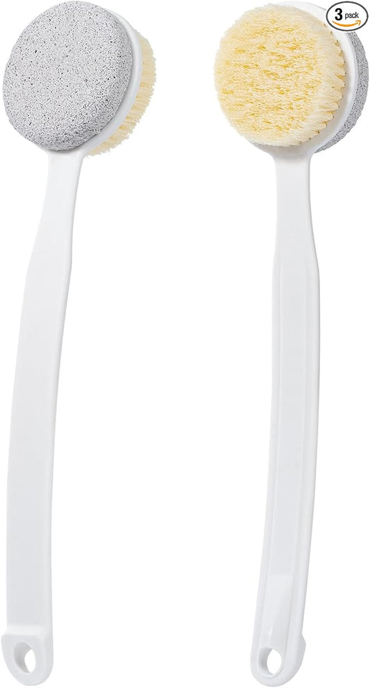 Pumice Stone and Shower Brush with Long Handle, 2 Pack Hard Skin Callus Remover, 2 in 1 Foot Scrubber, Back Scrubber for Shower Deep Cleansing and Exfoliating, Dry Brushing Body Brush (Curved)