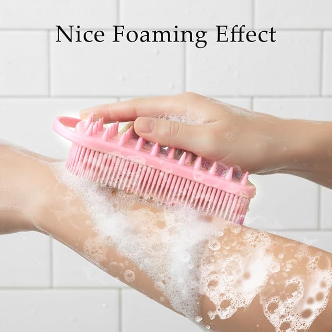 2 PCS Soft Silicone Body Scrubber, 2 in 1 Exfoliating Shower Bath Scrubber, Silicone Loofah Bath and Shampoo Brush Body Shower Use Shower Hair Scalp Massager, Easy to Clean, Lather Well (Black&Pink)
