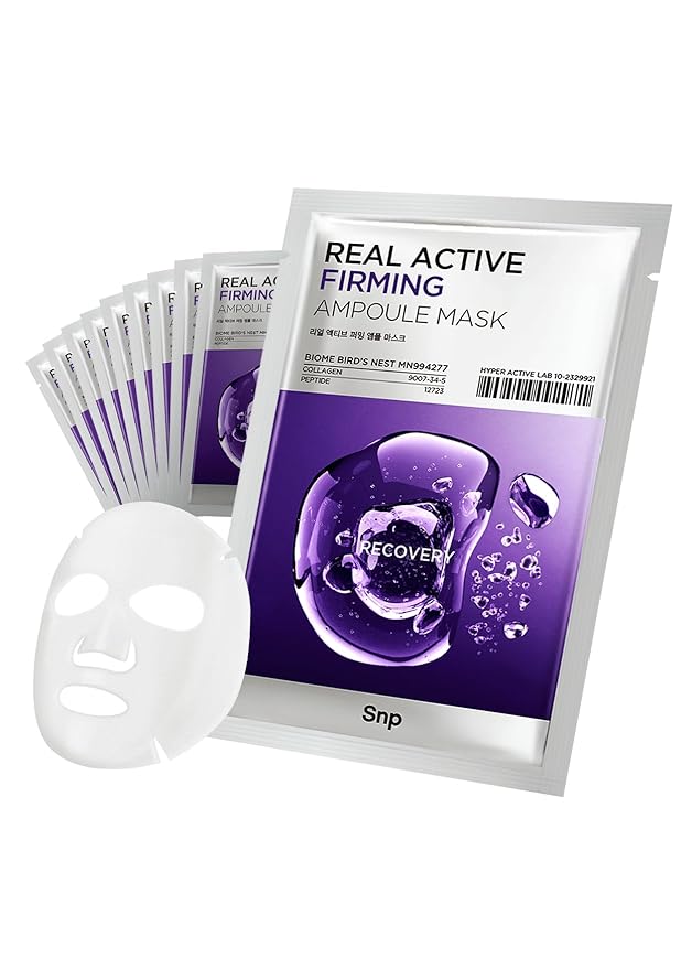 SNP Real Active Firming Ampoule Sheet Mask | Revitalizing and Strengthening for All Skin Types | Vegan Sheet Masks with 7 Collagen and Peptides | Collagen Face Masks Skincare | 10 Sheets