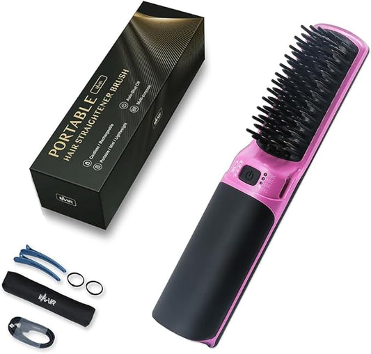 Hot Hair Straightener Brush,Portable Mini Hair Straightener USB Rechargeable 6400MAH,2 in 1 Hair Straightener Comb with Anti-Scald Feature for Women & Men（Purple）