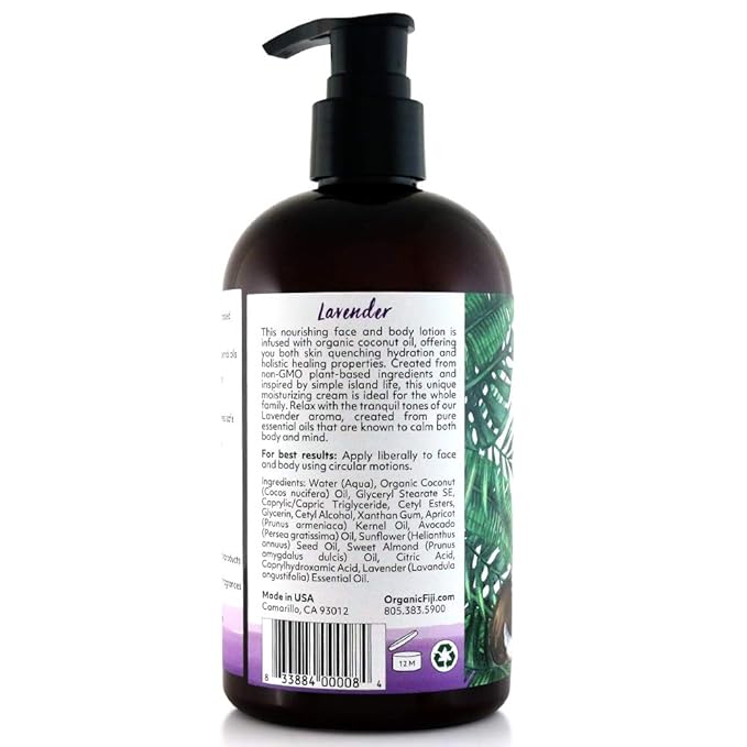 Coco Fiji Face & Body Lotion Infused With Coconut Oil | Lotion for Dry Skin | Moisturizer Face Cream & Massage Lotion for Women & Men | Lavender 12 oz, Pack of 1