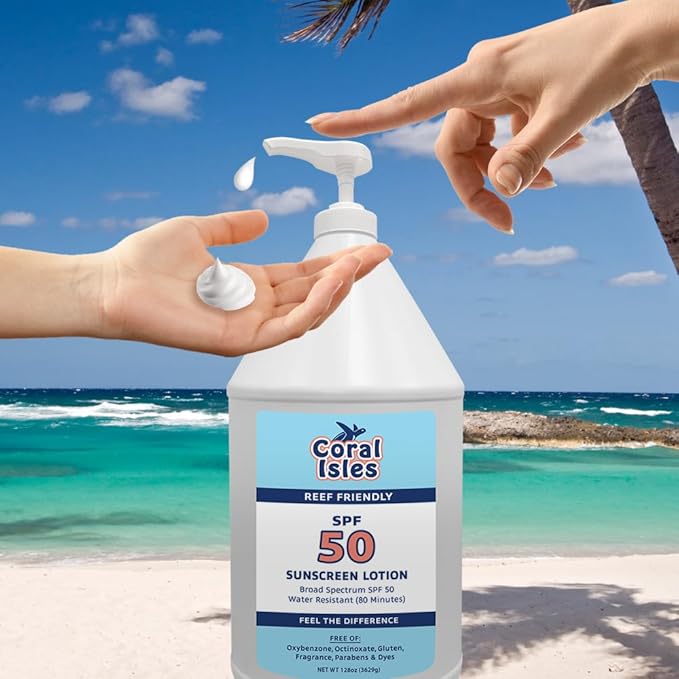 Coral Isles by Rocky Mountain Sunscreen | SPF 50 Lotion | Broad Spectrum UVA/UVB Protection | Hawaii Reef-Safe Act Compliant | Oxybenzone & Octinoxate Free | Water Resistant 80 Min. | 128 Fl Oz
