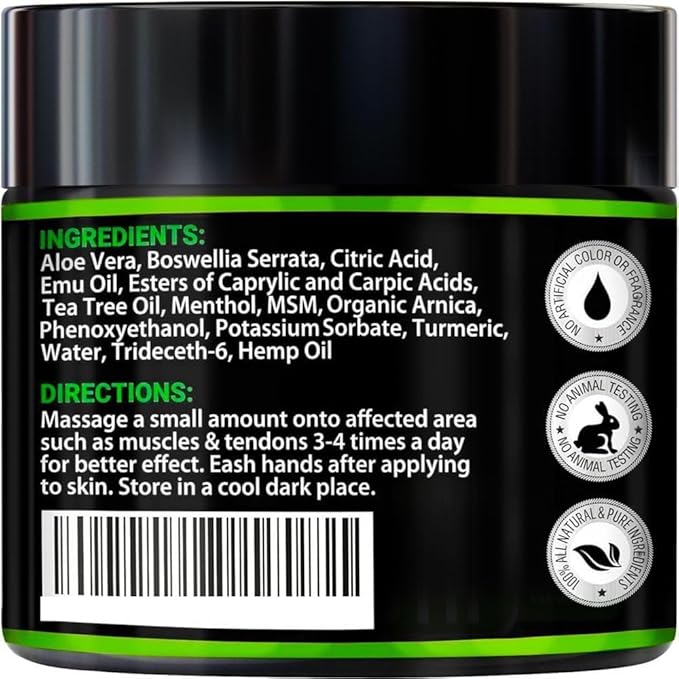 Hemp Cream - Maximum Strength - Natural Hemp Oil Extract Gel Rub with MSM - Glucosamine - Arnica - Turmeric - Maximum Strength - Formulated in USA - 3.9 oz