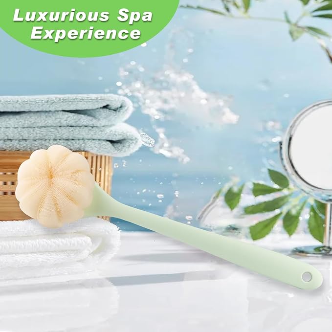 3-Pack Green 15.4" Long Handle Dual Sided Bath Brushes with Soft Bristles and Beautiful Pumpkin Loofah for Gentle Deep Cleansing
