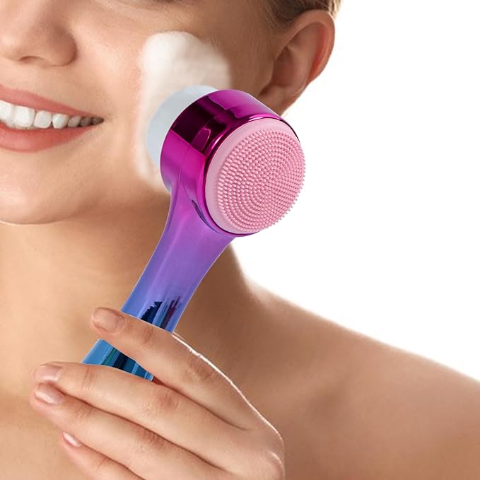 Face Brush 2 in 1, Silicone Facial Cleansing Exfoliating Brush Soft Bristles Pore Deep Cleansing Manual Dual Face Wash Scrub Brush for Massaging, Makeup Skincare Removal, Gradient Purple Blue
