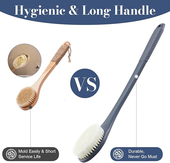Back Scrubber for Shower, Shower Body Brush for Cleaning with Long Handle for Showering, 17 Inch Back Washer Exfoliator for Shower Men Women with Non-Slip Handle, Adhesive Hook (Gray)