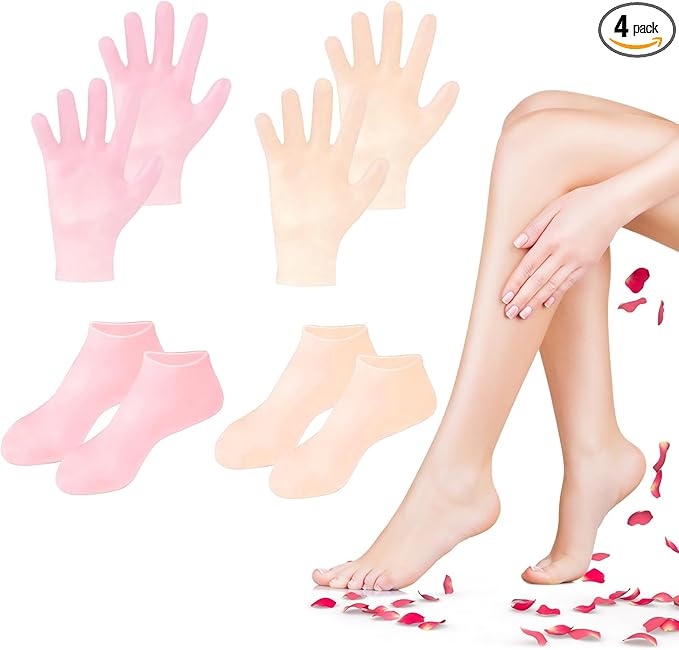 4 Pairs Silicone Socks Gloves Set for Dry Cracked Feet and Hands, Silicone Foot Socks for Women, Moisturizing Feet