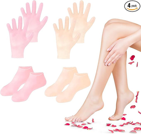 4 Pairs Silicone Socks Gloves Set for Dry Cracked Feet and Hands, Silicone Foot Socks for Women, Moisturizing Feet