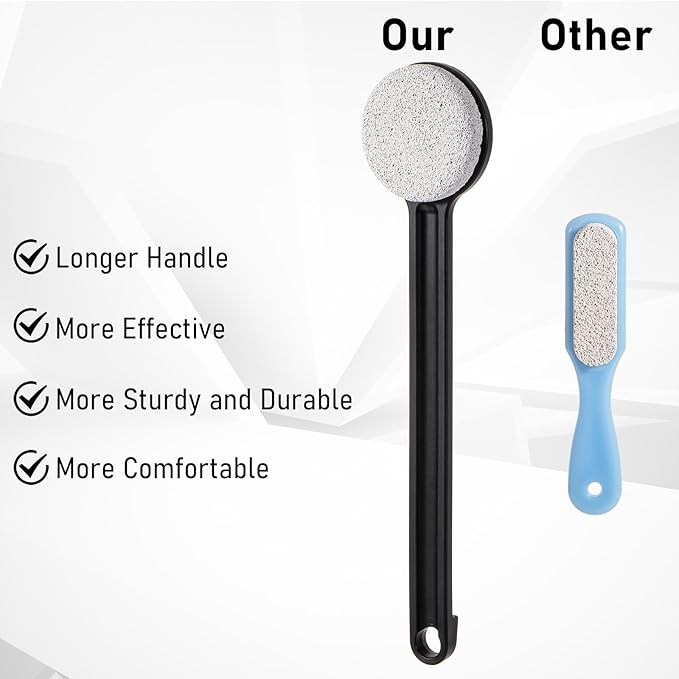 Pumice Stone for Feet with Long Handle 14", Hard Skin Callus Remover, Scrubber and Exfoliator for Dead Dry Skin, Softer & Smoother Feet, Pedicure Tool (Straight) Black