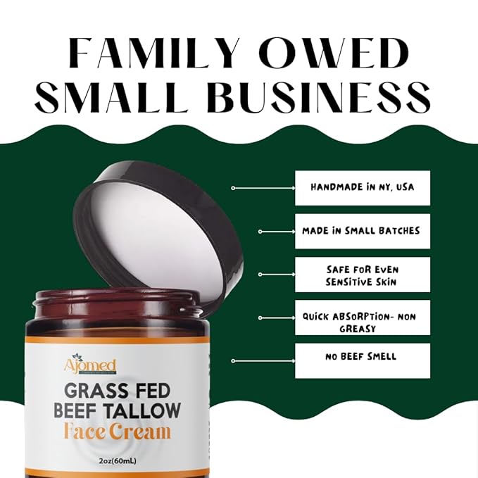 Beef Tallow Face Moisturizer - Grass Fed Beef Tallow for Skin Care- HandmadeTallow face Cream-Sensitive & Dry Skin, Eczema, Psoriasis, sunburn (UNSCENTED)